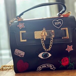 Aldo Black Embellished Satchel with Gold Hardware